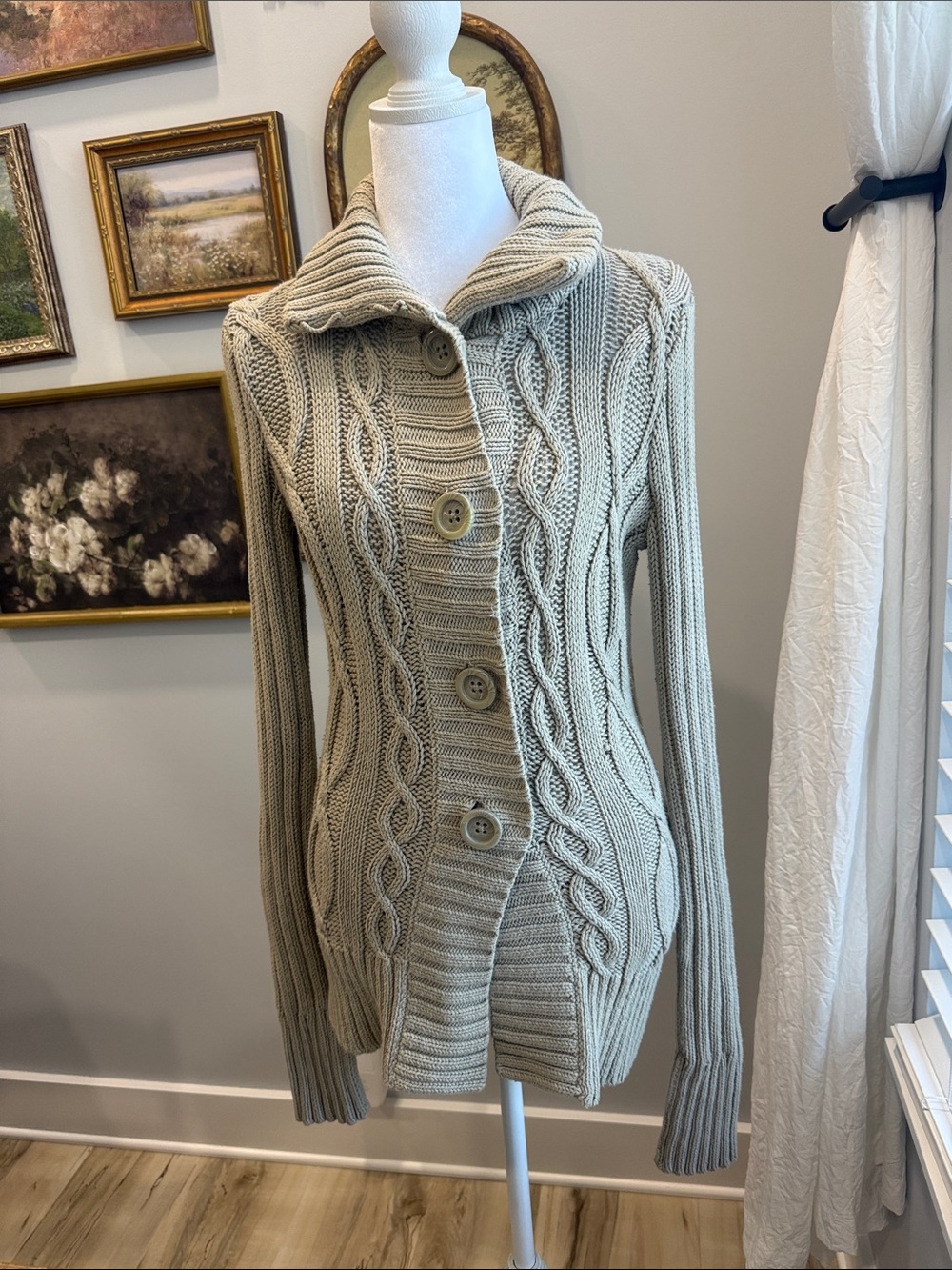Eddie Bauer Neutral Cable-Knit Button Front Cardigan